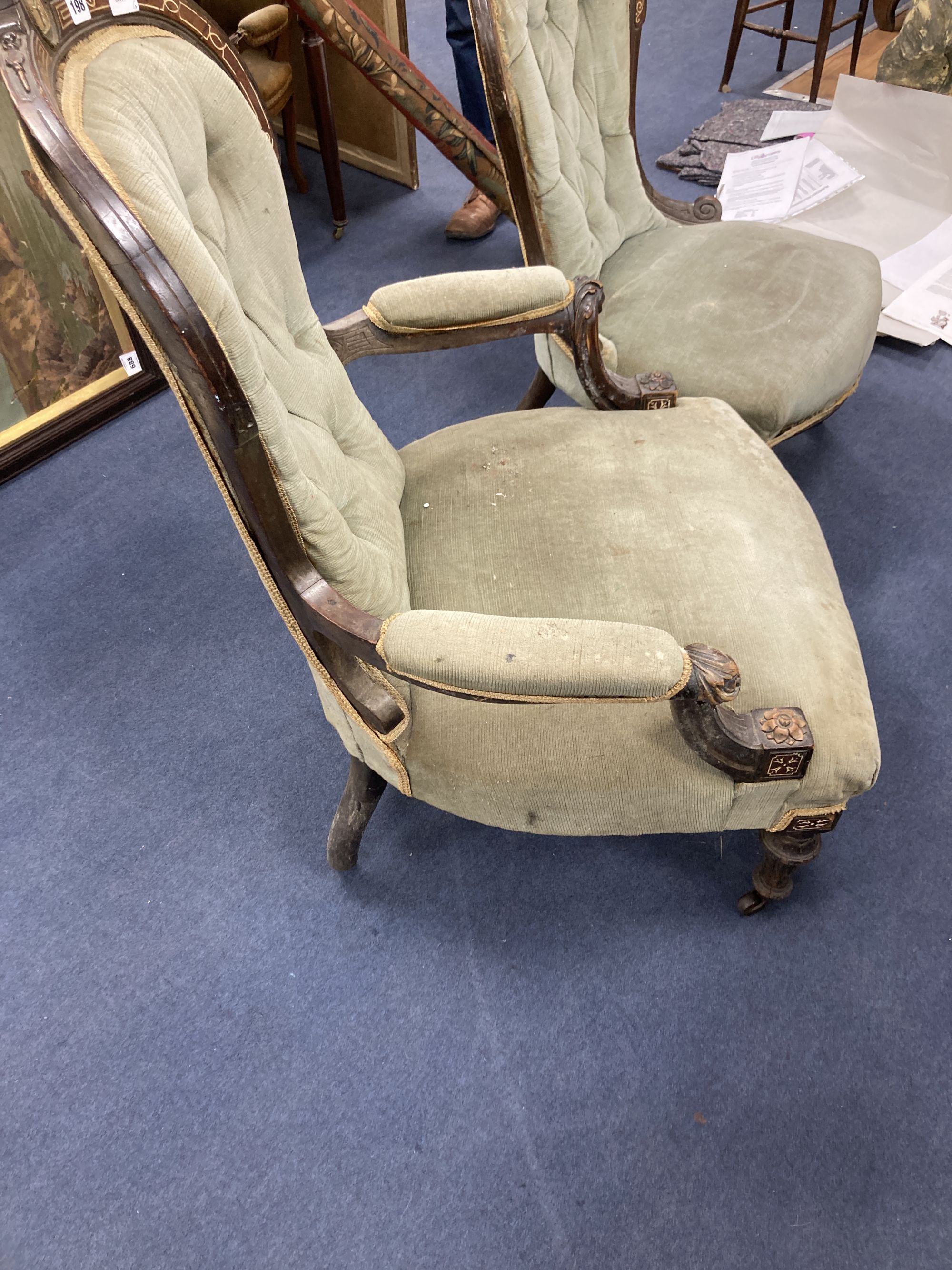 A pair of Victorian spoonback chairs, inset oval jasper plaques (one with arms)